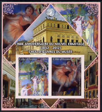 Ivory Coast 2012 160th Anniversary of Masterpieces in the New Hermitage Museum #4 imperf sheetlet containing 2 values unmounted mint, stamps on arts, stamps on museums, stamps on nudes, stamps on degas, stamps on dances, stamps on dancing