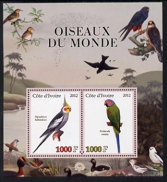 Ivory Coast 2012 Birds of the World #3 perf sheetlet containing 2 values unmounted mint, stamps on , stamps on  stamps on birds, stamps on  stamps on parrots