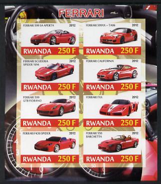 Rwanda 2012 Ferrari imperf sheetlet containing 8 values unmounted mint, stamps on cars, stamps on ferrari