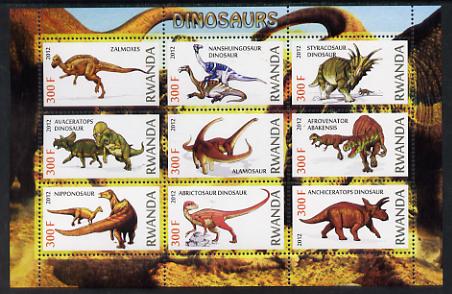 Rwanda 2012 Dinosaurs perf sheetlet containing 9 values unmounted mint, stamps on dinosaurs