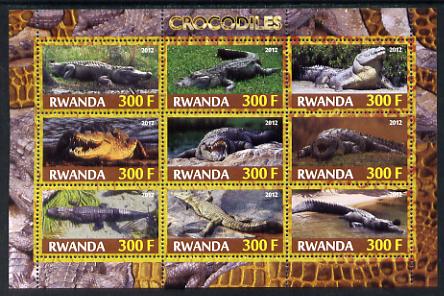 Rwanda 2012 Crocodiles perf sheetlet containing 9 values unmounted mint, stamps on , stamps on  stamps on animals, stamps on  stamps on reptiles, stamps on  stamps on crocodiles