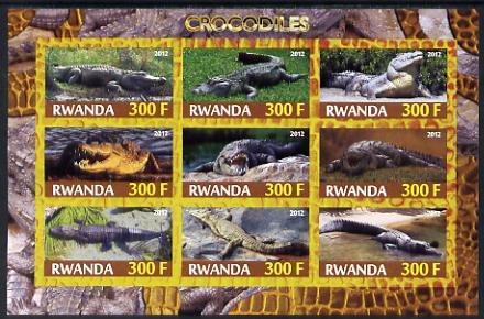 Rwanda 2012 Crocodiles imperf sheetlet containing 9 values unmounted mint, stamps on animals, stamps on reptiles, stamps on crocodiles