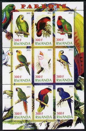 Rwanda 2012 Parrots perf sheetlet containing 9 values unmounted mint, stamps on birds, stamps on parrots