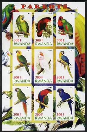 Rwanda 2012 Parrots imperf sheetlet containing 9 values unmounted mint, stamps on , stamps on  stamps on birds, stamps on  stamps on parrots