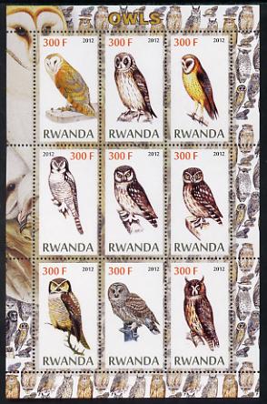 Rwanda 2012 Owls perf sheetlet containing 9 values unmounted mint, stamps on birds, stamps on birds of prey, stamps on owls