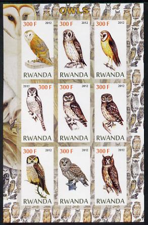 Rwanda 2012 Owls imperf sheetlet containing 9 values unmounted mint, stamps on birds, stamps on birds of prey, stamps on owls