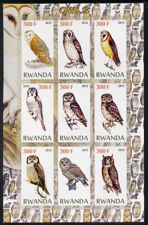 Rwanda 2012 Owls imperf sheetlet containing 9 values unmounted mint, stamps on , stamps on  stamps on birds, stamps on  stamps on birds of prey, stamps on  stamps on owls