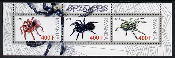 Rwanda 2012 Spiders perf sheetlet containing 3 values unmounted mint, stamps on insects, stamps on spiders