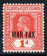 Gilbert & Ellice Islands 1918 War Tax 1d red mounted mint SG 26, stamps on , stamps on  kg5 , stamps on 