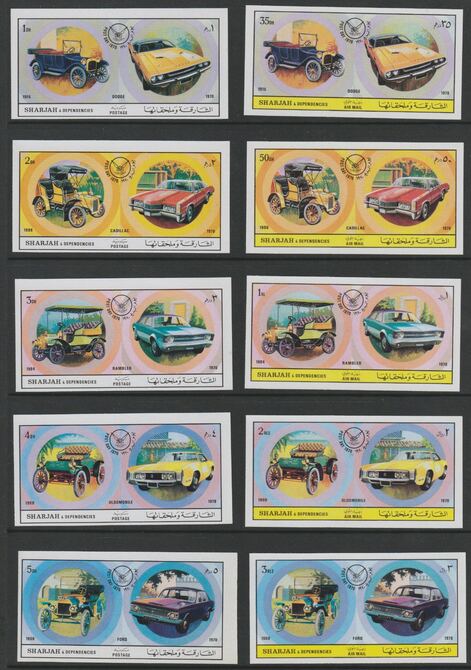 Sharjah 1971 Cars (Past & Present) imperf set of 10 unmounted mint (Mi 781-90B) , stamps on , stamps on  stamps on cars    dodge     cadillac    rambler    oldsmobile    ford