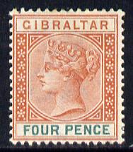 Gibraltar 1886-98 Sterling Currency 4d orange-brown & green mounted mint SG 43, stamps on , stamps on  stamps on , stamps on  stamps on  qv , stamps on  stamps on 