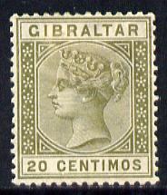 Gibraltar 1889-96 Spanish Currency 20c olive-green mounted mint SG 25, stamps on , stamps on  stamps on , stamps on  stamps on  qv , stamps on  stamps on 