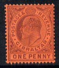 Gibraltar 1904-08 KE7 MCA 1d dull purple on red mounted mint SG 57/c, stamps on , stamps on  ke7 , stamps on 