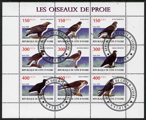 Ivory Coast 2009 Birds of Prey perf sheetlet containing 9 values fine cto used, stamps on birds, stamps on birds of prey