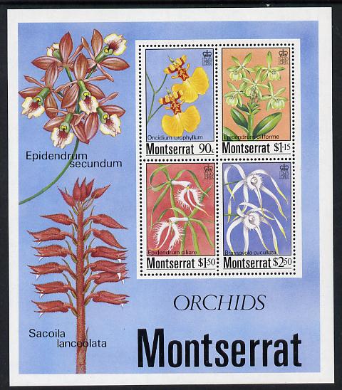 Montserrat 1985 Orchids m/sheet containing 4 values unmounted mint, SG MS 635, stamps on , stamps on  stamps on flowers, stamps on  stamps on orchids