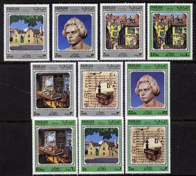 Sharjah 1970 Beethoven perf set of 10 (Mi 709-18A) unmounted mint, stamps on , stamps on  stamps on music  personalities     composers, stamps on  stamps on opera, stamps on  stamps on personalities, stamps on  stamps on beethoven, stamps on  stamps on opera, stamps on  stamps on music, stamps on  stamps on composers, stamps on  stamps on deaf, stamps on  stamps on disabled, stamps on  stamps on masonry, stamps on  stamps on masonics