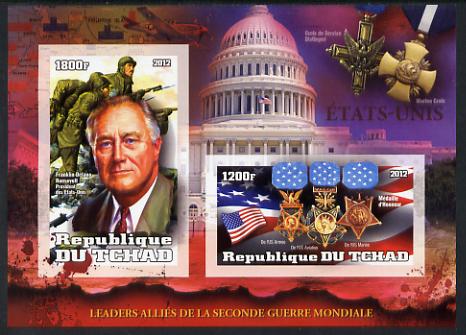 Chad 2012 Leaders of the Allies in Second World War - Franklin D Roosevelt (USA) imperf sheetlet containing 2 values unmounted mint, stamps on , stamps on  ww2 , stamps on militaria, stamps on personalities, stamps on medals, stamps on americana, stamps on roosevelt, stamps on usa presidents