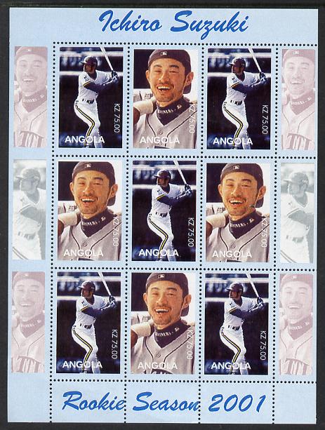 Angola 2001 Baseball Rookie Season - Ichiro Suzuki perforated proof sheet of 9 with blue border and different images to the issued design, unmounted mint and one of only 3 sheets so produced, stamps on personalities, stamps on sport, stamps on baseball