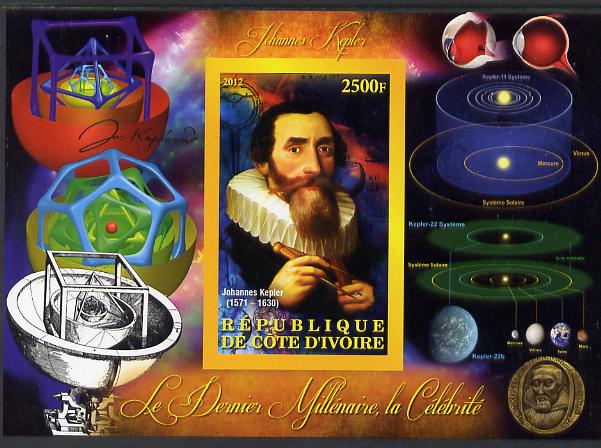 Ivory Coast 2012 Personalities of the Last Millennium #05 imperf sheetlet containing 1 value unmounted mint (Johannes Kepler), stamps on personalities, stamps on millennium, stamps on kepler, stamps on astronomy, stamps on astrology, stamps on maths, stamps on mathematics, stamps on planets