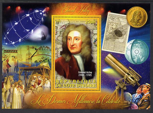 Ivory Coast 2012 Personalities of the Last Millennium #06 perf sheetlet containing 1 value unmounted mint (Edmond Halley), stamps on personalities, stamps on millennium, stamps on space, stamps on halley, stamps on comets, stamps on astronomy, stamps on maths, stamps on mathematics