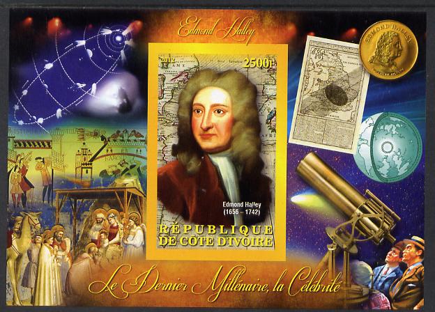 Ivory Coast 2012 Personalities of the Last Millennium #06 imperf sheetlet containing 1 value unmounted mint (Edmond Halley), stamps on personalities, stamps on millennium, stamps on space, stamps on halley, stamps on comets, stamps on astronomy, stamps on maths, stamps on mathematics