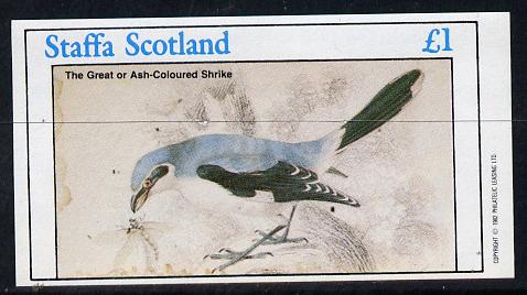 Staffa 1982 Ash Coloured Shrike imperf souvenir sheet (£1 value) unmounted mint, stamps on birds, stamps on birds of prey