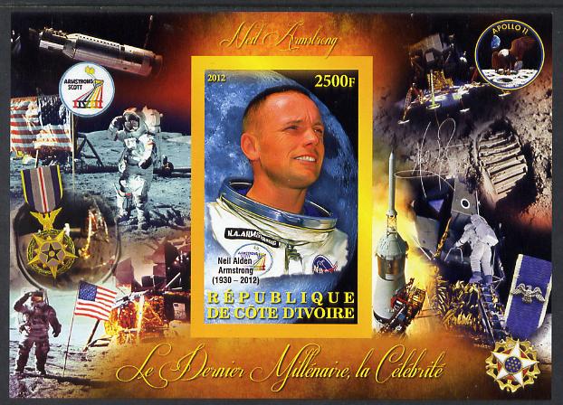 Ivory Coast 2012 Personalities of the Last Millennium #07 imperf sheetlet containing 1 value unmounted mint (Neil Armstrong), stamps on personalities, stamps on millennium, stamps on armstrong, stamps on space, stamps on apollo, stamps on masonics, stamps on scouts