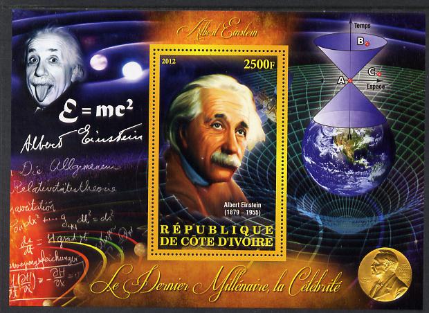 Ivory Coast 2012 Personalities of the Last Millennium #08 perf sheetlet containing 1 value unmounted mint (Albert Einstein), stamps on personalities, stamps on millennium, stamps on einstein, stamps on science, stamps on physics, stamps on nobel, stamps on maths, stamps on space, stamps on judaica, stamps on atomics, stamps on mathematics, stamps on judaism