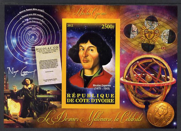 Ivory Coast 2012 Personalities of the Last Millennium #09 imperf sheetlet containing 1 value unmounted mint (Nicolaus Copernicus), stamps on personalities, stamps on millennium, stamps on copernicus, stamps on space, stamps on science, stamps on maths, stamps on mathematics, stamps on astronomy