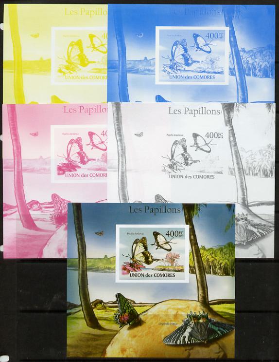 Comoro Islands 2011 Butterflies #6 m/sheet - the set of 5 imperf progressive proofs comprising the 4 individual colours plus all 4-colour composite, unmounted mint 