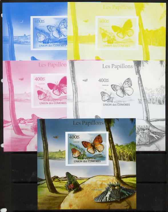 Comoro Islands 2011 Butterflies #8 m/sheet - the set of 5 imperf progressive proofs comprising the 4 individual colours plus all 4-colour composite, unmounted mint , stamps on butterflies