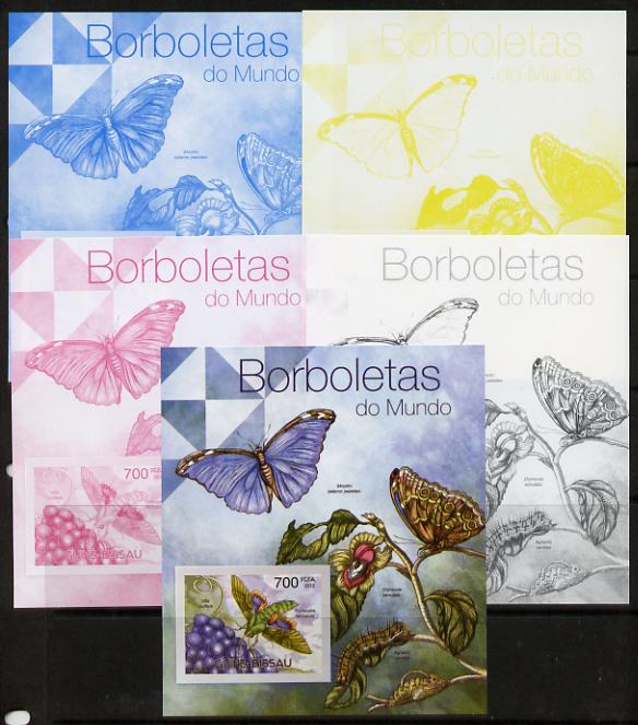 Guinea - Bissau 2012 Butterflies #1 m/sheet - the set of 5 imperf progressive proofs comprising the 4 individual colours plus all 4-colour composite, unmounted mint , stamps on butterflies