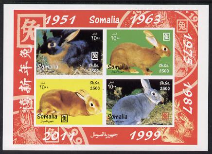 Somalia 2011 Chinese New Year - Year of the Rabbit imperf sheetlet containing 4 values unmounted mint. Note this item is privately produced and is offered purely on its thematic appeal, stamps on , stamps on  stamps on chinese new year, stamps on  stamps on rabbits, stamps on  stamps on lunar, stamps on  stamps on lunar new year