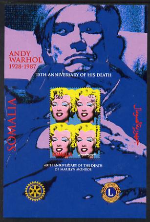 Somalia 2002 40th Death Anniversary of Marilyn Monroe & 15th Death Anniversary of Andy Warhol perf m/sheet with Rotary & Lions Int Logos unmounted mint. Note this item is privately produced and is offered purely on its thematic appeal, stamps on , stamps on  stamps on women, stamps on  stamps on pin-ups, stamps on  stamps on arts, stamps on  stamps on marilyn, stamps on  stamps on movies, stamps on  stamps on cinema, stamps on  stamps on films, stamps on  stamps on warhol, stamps on  stamps on rotary, stamps on  stamps on lions int, stamps on  stamps on 