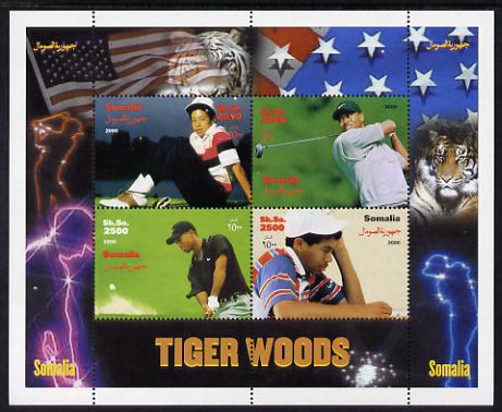 Somalia 2000 Tiger Woods perf sheetlet containing 4 values unmounted mint. Note this item is privately produced and is offered purely on its thematic appeal, stamps on , stamps on  stamps on personalities, stamps on  stamps on golf, stamps on  stamps on sport