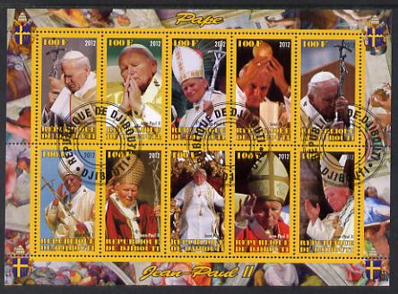 Djibouti 2012 Pope John Paul II #1 perf sheetlet containing 10 values cto used, stamps on personalities, stamps on pope, stamps on popes, stamps on religion