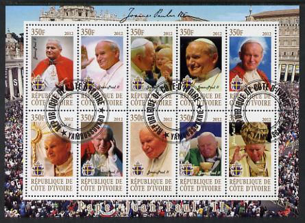 Ivory Coast 2012 Pope John Paul II #1 perf sheetlet containing 10 values cto used, stamps on personalities, stamps on pope, stamps on popes, stamps on religion