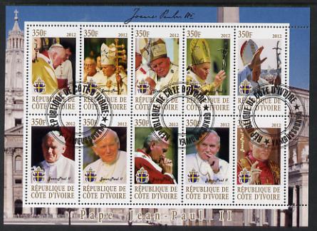 Ivory Coast 2012 Pope John Paul II #2 perf sheetlet containing 10 values cto used, stamps on personalities, stamps on pope, stamps on popes, stamps on religion