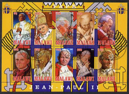 Malawi 2012 Pope John Paul II #2 perf sheetlet containing 10 values cto used, stamps on personalities, stamps on pope, stamps on popes, stamps on religion