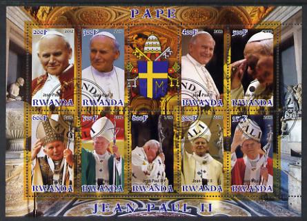 Rwanda 2012 Pope John Paul II #1 perf sheetlet containing 10 (9 values plus label) cto used, stamps on personalities, stamps on pope, stamps on popes, stamps on religion