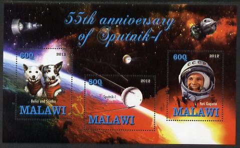 Malawi 2012 55th Anniversary of Sputnik perf sheetlet containing 3 values unmounted mint, stamps on , stamps on  stamps on space, stamps on  stamps on satellites, stamps on  stamps on dogs, stamps on  stamps on sputnik, stamps on  stamps on gagarin