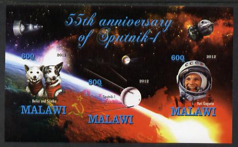 Malawi 2012 55th Anniversary of Sputnik imperf sheetlet containing 3 values unmounted mint, stamps on , stamps on  stamps on space, stamps on  stamps on satellites, stamps on  stamps on dogs, stamps on  stamps on sputnik, stamps on  stamps on gagarin