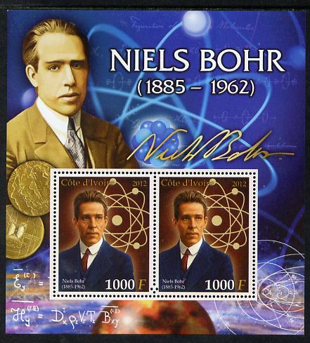 Ivory Coast 2012 Niels Bohr perf sheetlet containing 2 values unmounted mint , stamps on , stamps on  stamps on personalities, stamps on  stamps on science, stamps on  stamps on atomics, stamps on  stamps on nobel, stamps on  stamps on physics