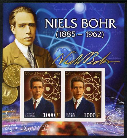 Ivory Coast 2012 Niels Bohr imperf sheetlet containing 2 values unmounted mint , stamps on , stamps on  stamps on personalities, stamps on  stamps on science, stamps on  stamps on atomics, stamps on  stamps on nobel, stamps on  stamps on physics