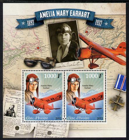 Ivory Coast 2012 Amelia Earhart perf sheetlet containing 2 values unmounted mint , stamps on personalities, stamps on earhart, stamps on aviation, stamps on maps, stamps on women