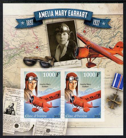 Ivory Coast 2012 Amelia Earhart imperf sheetlet containing 2 values unmounted mint , stamps on , stamps on  stamps on personalities, stamps on  stamps on earhart, stamps on  stamps on aviation, stamps on  stamps on maps, stamps on  stamps on women