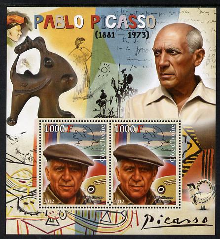 Ivory Coast 2012 Pablo Picasso perf sheetlet containing 2 values unmounted mint , stamps on personalities, stamps on picasso, stamps on arts