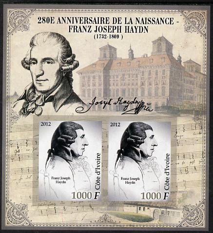 Ivory Coast 2012 Franz Joseph Haydn imperf sheetlet containing 2 values unmounted mint , stamps on , stamps on  stamps on personalities, stamps on  stamps on haydn, stamps on  stamps on music, stamps on  stamps on composers