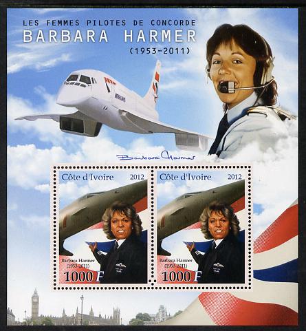 Ivory Coast 2012 Barbara Harmer (Concorde Pilot) perf sheetlet containing 2 values unmounted mint , stamps on personalities, stamps on concorde, stamps on aviation, stamps on women