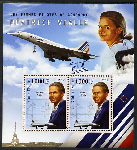 Ivory Coast 2012 Beatrice Vialle (Concorde Pilot) perf sheetlet containing 2 values unmounted mint , stamps on , stamps on  stamps on personalities, stamps on  stamps on concorde, stamps on  stamps on aviation, stamps on  stamps on women